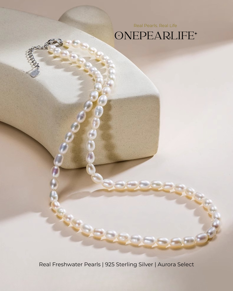 Alina – AAA Quality Natural Freshwater Rice-Shaped Aurora White Pearl Necklace | 6–7mm | 925 Sterling Silver