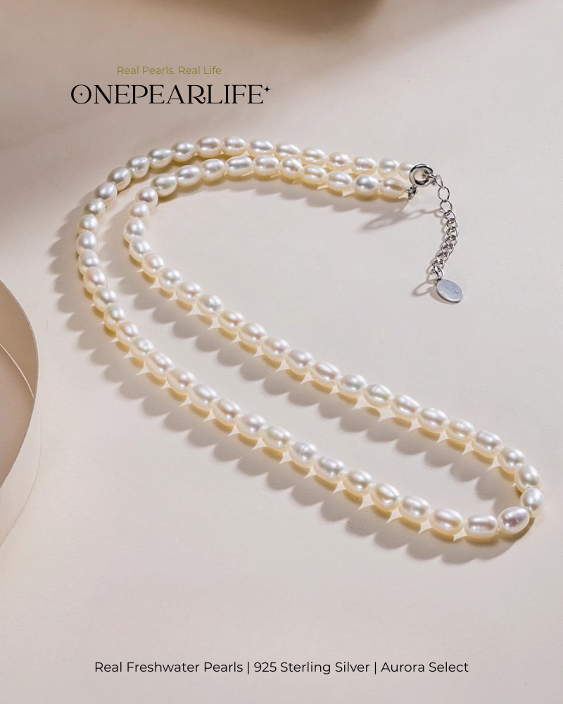 Alina – AAA Quality Natural Freshwater Rice-Shaped Aurora White Pearl Necklace | 6–7mm | 925 Sterling Silver