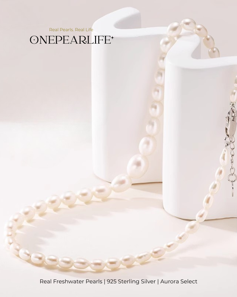 Alina – AAA Quality Natural Freshwater Rice-Shaped Aurora White Pearl Necklace | 6–7mm | 925 Sterling Silver