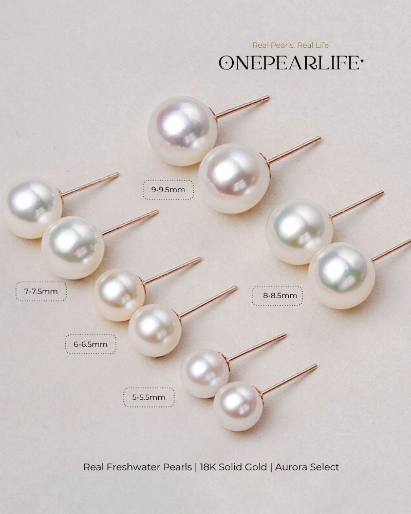 Alora – AAA Quality Natural Freshwater White Pearl Stud Earrings | 5–9.5mm | 18K Gold