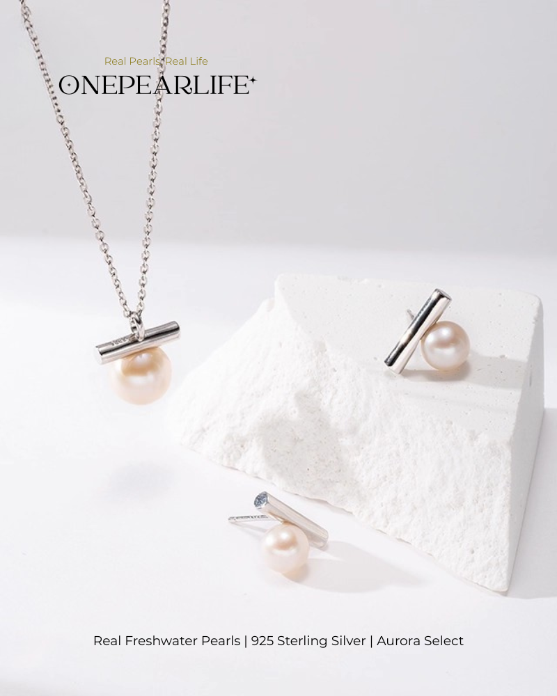Ardella – AAA Quality Freshwater Pearl 2-Piece Jewelry Set | Necklace & Stud Earrings (Necklace 8–8.5mm, Earrings 6–6.5mm, 925 Sterling Silver) Onepearlife