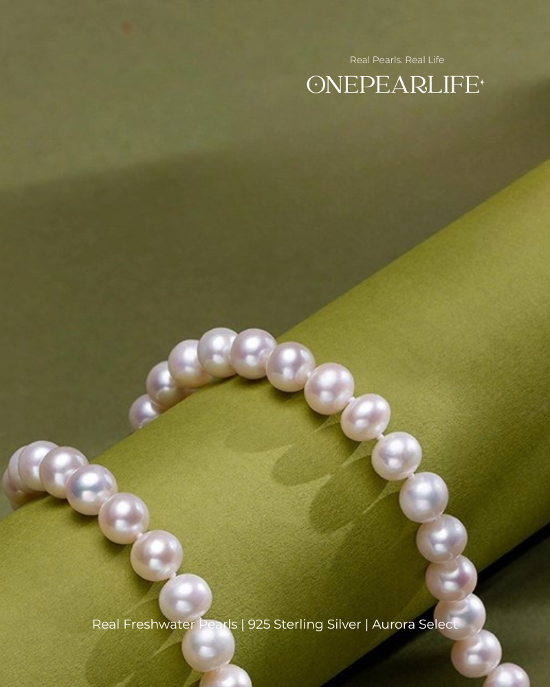 Aurelia – AAA Quality Round Aurora Natural Freshwater Pearl Necklace | 7–9.5mm | 925 Sterling Silver
