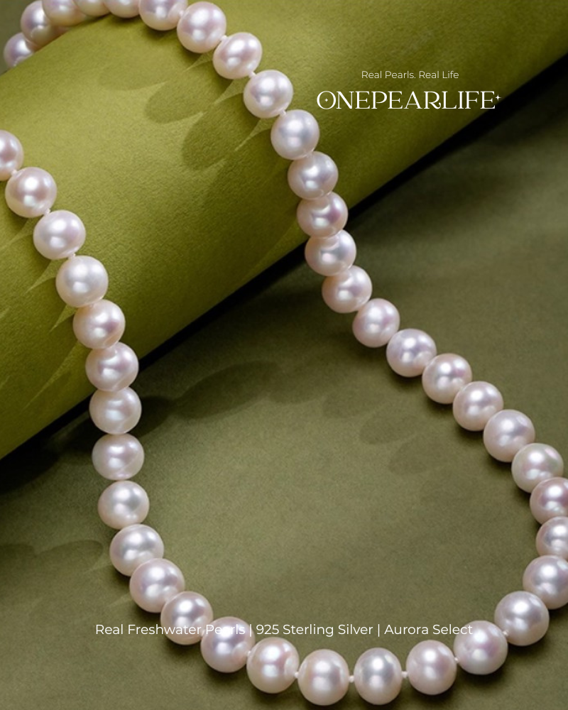 Aurelia – AAA Quality Round Aurora Natural Freshwater Pearl Necklace | 7–9.5mm | 925 Sterling Silver