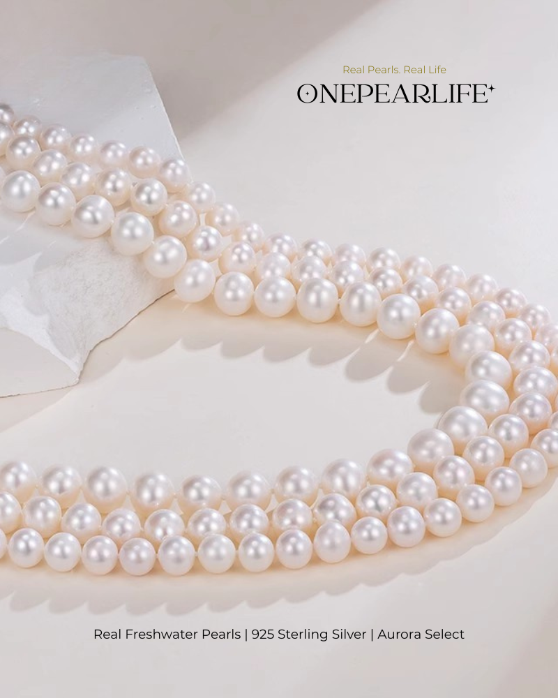 Aurelia – AAA Quality Round Aurora Natural Freshwater Pearl Necklace | 7–9.5mm | 925 Sterling Silver