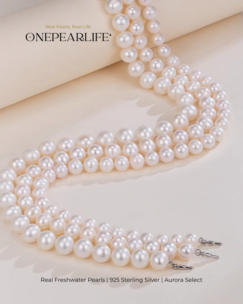 Aurelia – AAA Quality Round Aurora Natural Freshwater Pearl Necklace | 7–9.5mm | 925 Sterling Silver