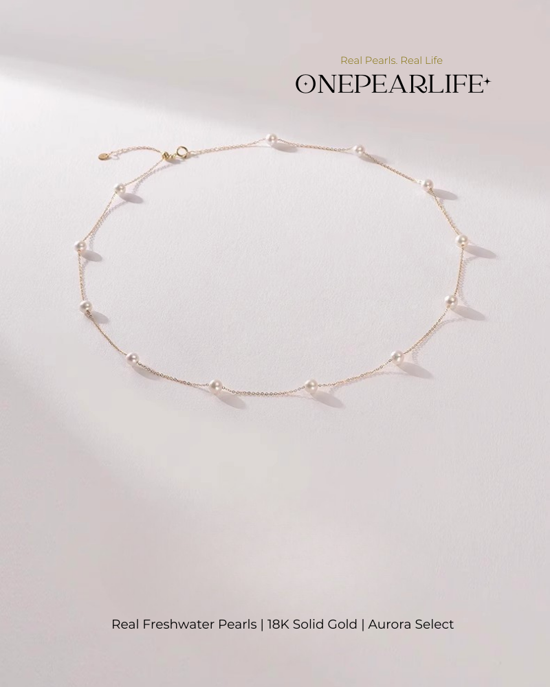 Joy – AAA Quality Natural Freshwater Pearl Station Necklace | 4–4.5mm | 18K Gold