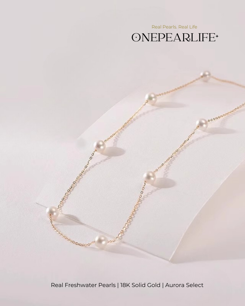 Joy – AAA Quality Natural Freshwater Pearl Station Necklace | 4–4.5mm | 18K Gold