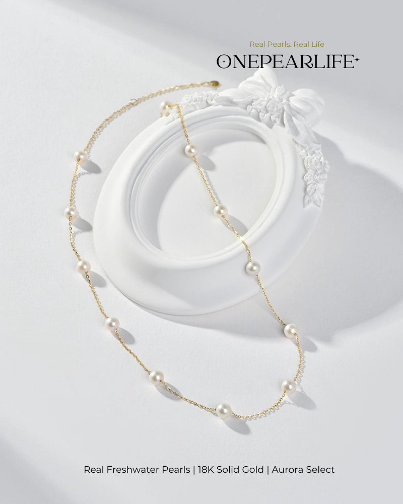 Joy – AAA Quality Natural Freshwater Pearl Station Necklace | 4–4.5mm | 18K Gold