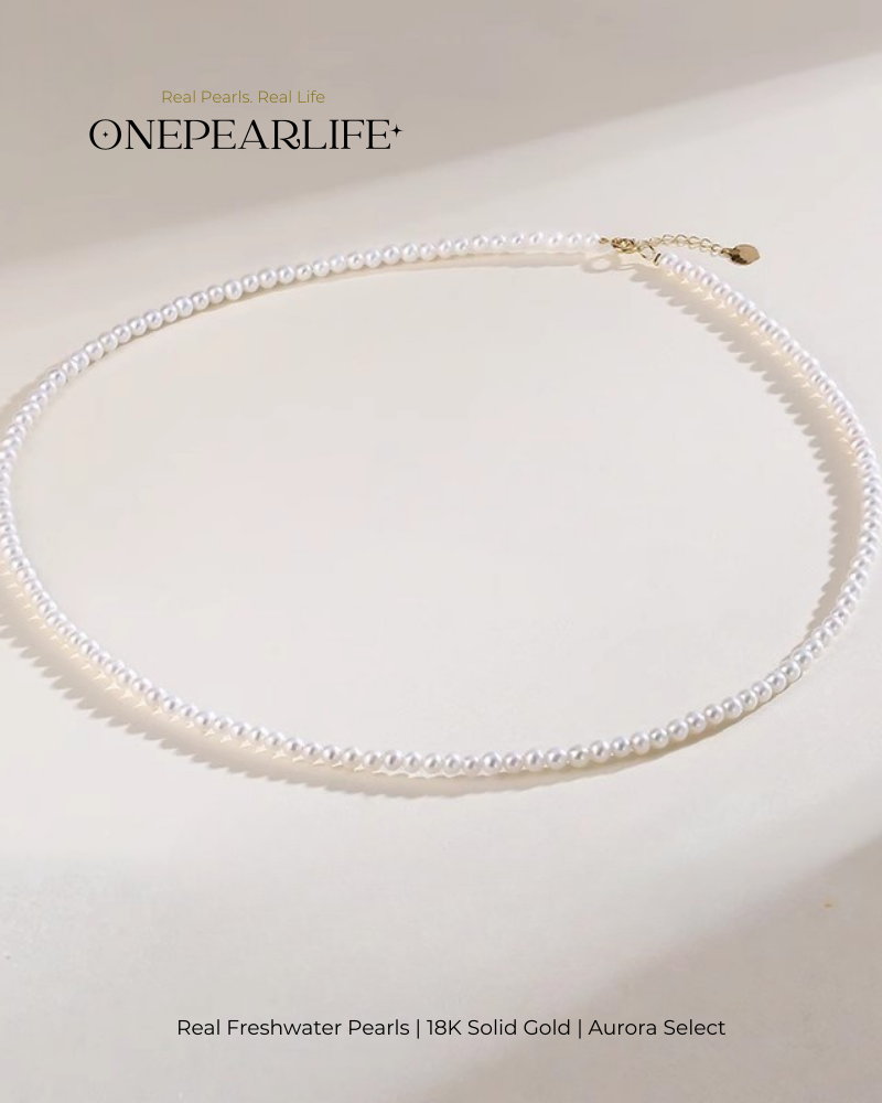 Aurina – AAA Quality Baby White Aurora Natural Freshwater Pearl Necklace | 3–3.5mm | 18K Gold