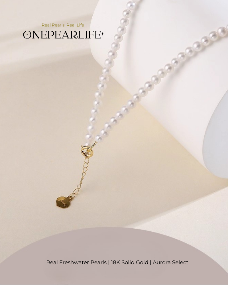 Aurina – AAA Quality Baby White Aurora Natural Freshwater Pearl Necklace | 3–3.5mm | 18K Gold