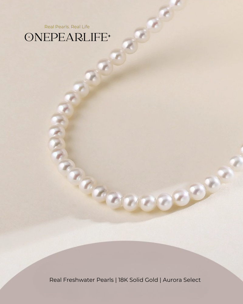Aurina – AAA Quality Baby White Aurora Natural Freshwater Pearl Necklace | 3–3.5mm | 18K Gold