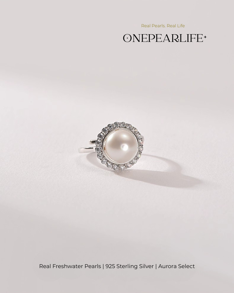 Averine – AAA Quality Natural Freshwater Pearl Adjustable Ring | 9–9.5 mm | 925 Silver + Sparkling Stone