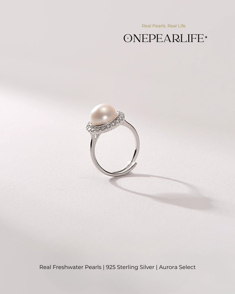 Averine – AAA Quality Natural Freshwater Pearl Adjustable Ring | 9–9.5 mm | 925 Silver + Sparkling Stone