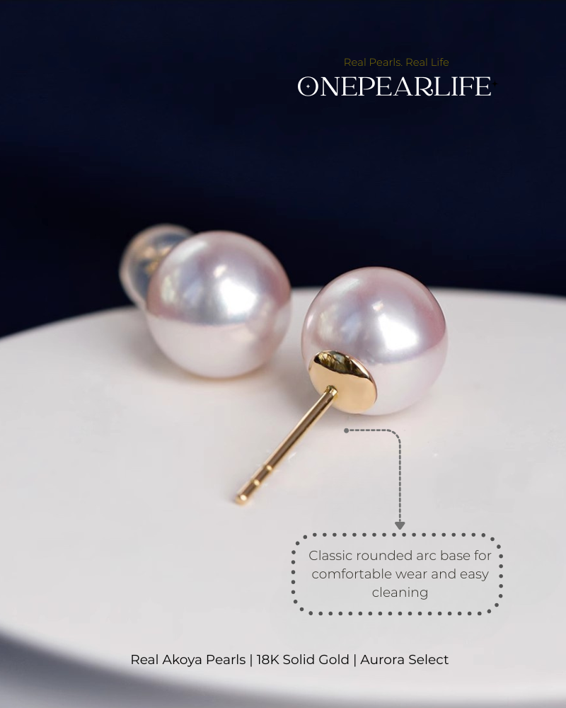 Aya – AAA+ Quality Japanese Akoya White Pearl Stud Earrings | 5–8.5mm | 18K Gold