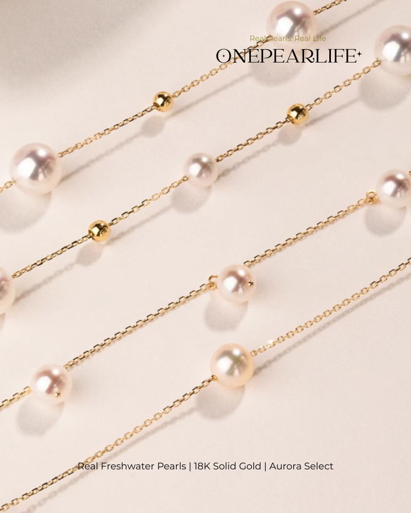 Celeste – AAA+ Quality Japanese Akoya Natural Pearl Station Necklace | 5–5.5mm | 18K Gold