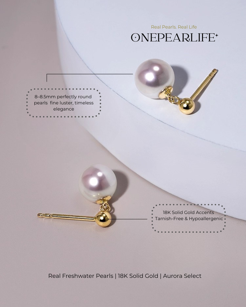 Clara – AAA Quality Natural Freshwater White Pearl Stud Earrings | 8–8.5mm | 18K Gold