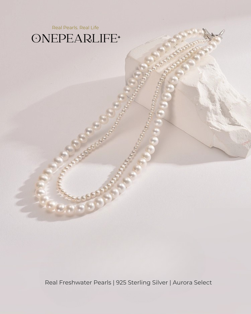 Duolara – AAA Quality White Aurora Double-Layer Natural Freshwater Pearl Necklace | Small 3–3.5mm, Large 6–6.5mm | 925 Sterling Silver Onepearlife