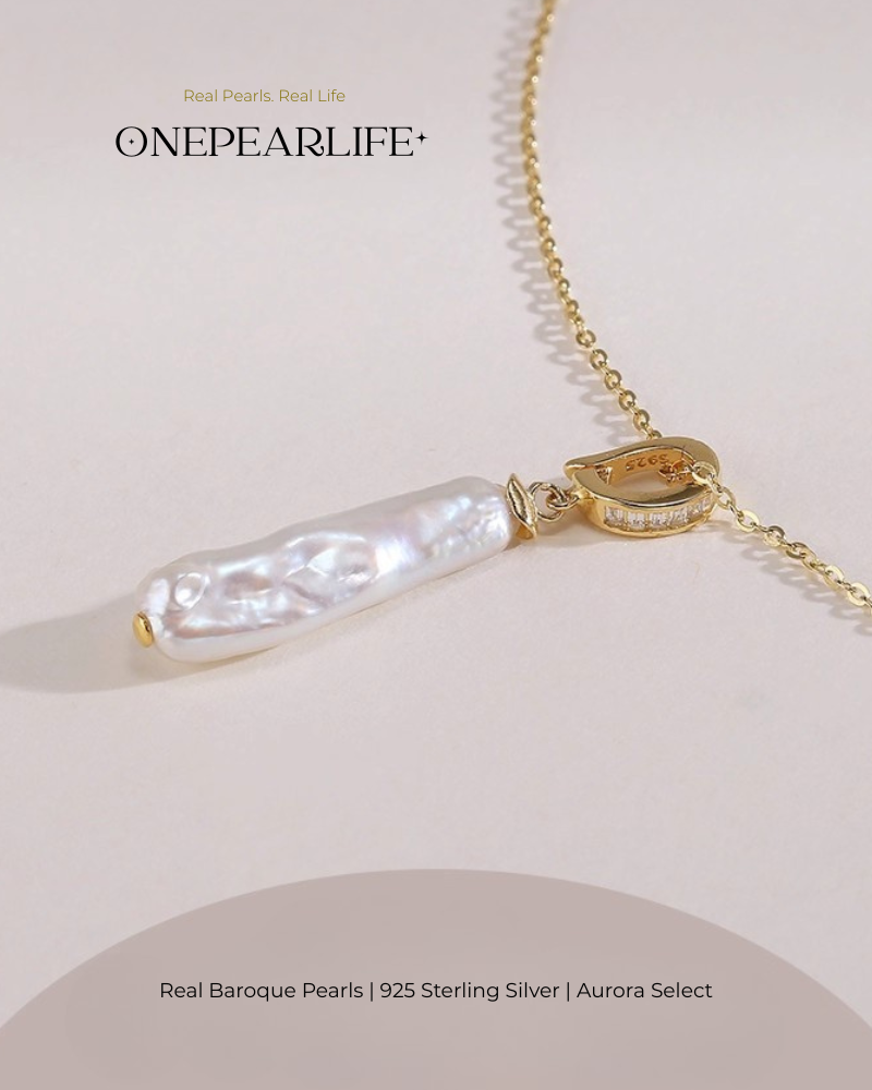 Eira – AAA Quality Natural Baroque Long Teardrop Pearl Pendant | 8×12mm | 18K Gold Vermeil orr 925 Sterling Silver Onepearlife