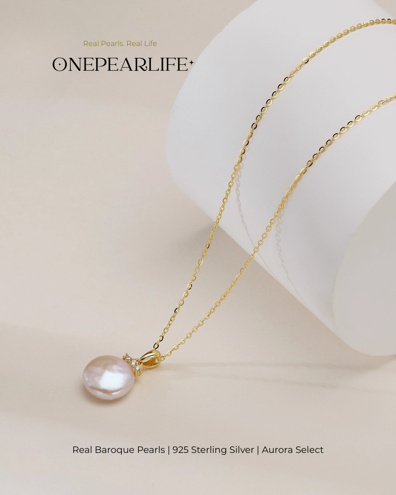 Elysia – AAA Quality Natural Baroque Button Pearl Necklace | 10×12mm | 18K Gold Vermeil Pendant