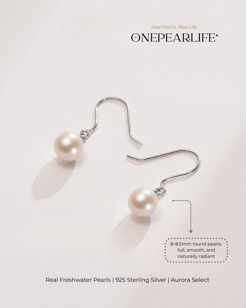 Fiona – AAA Quality Natural Freshwater White Pearl Hook Earrings | 8–8.5mm | 925 Sterling Silver