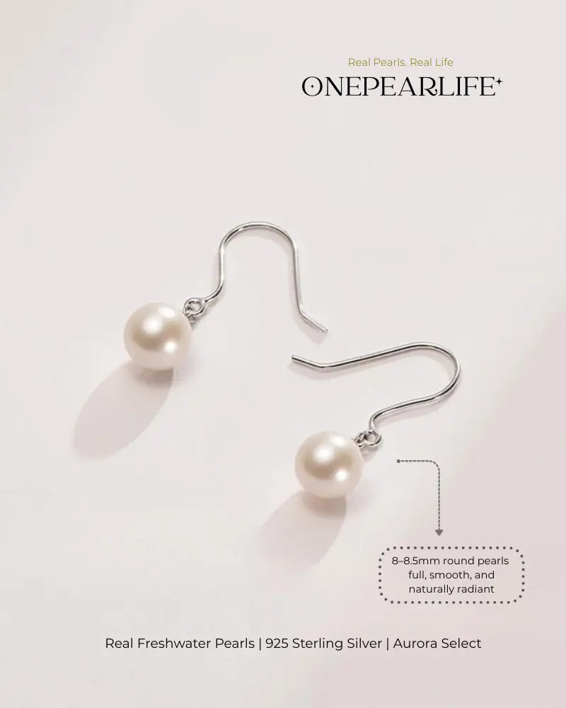 Fiona – AAA Quality Natural Freshwater White Pearl Hook Earrings | 8–8.5mm | 925 Sterling Silver Onepearlife