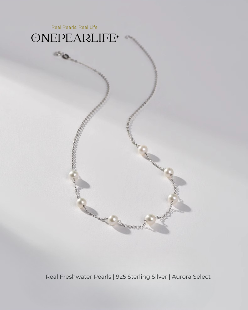 Halstara – AAA Quality White Aurora Semi-Starry Natural Freshwater Pearl Necklace | 7–7.5mm | 925 Sterling Silver