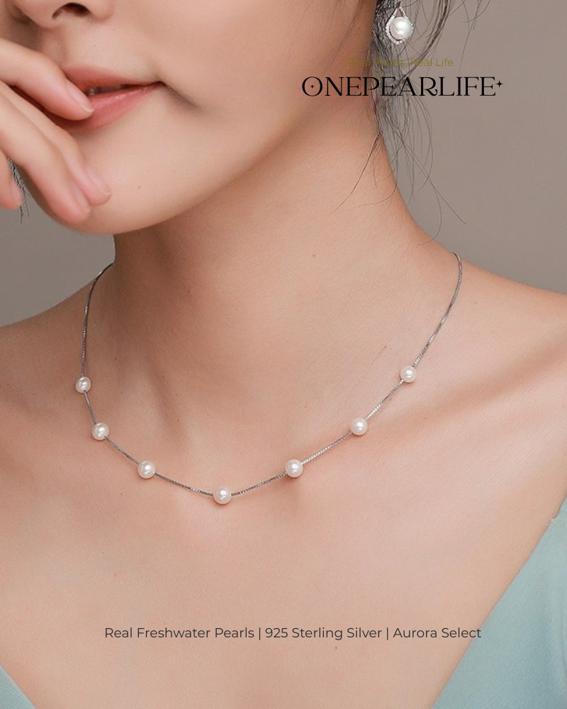 Halstara – AAA Quality White Aurora Semi-Starry Natural Freshwater Pearl Necklace | 7–7.5mm | 925 Sterling Silver