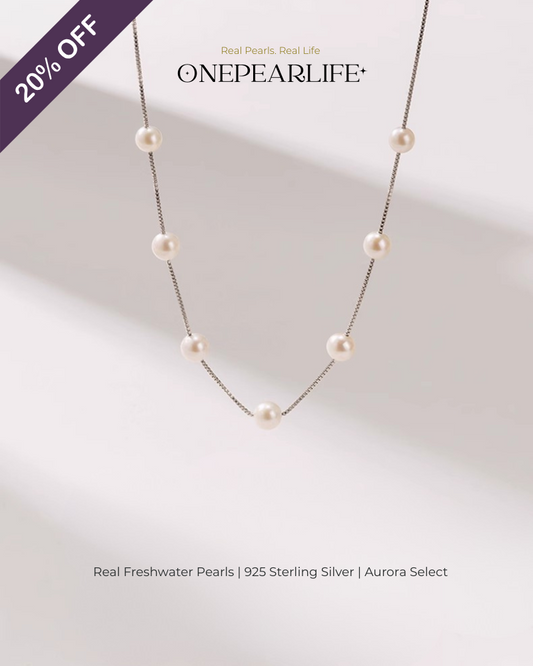 Halstara – AAA Quality White Aurora Semi-Starry Natural Freshwater Pearl Necklace | 7–7.5mm | 925 Sterling Silver Onepearlife