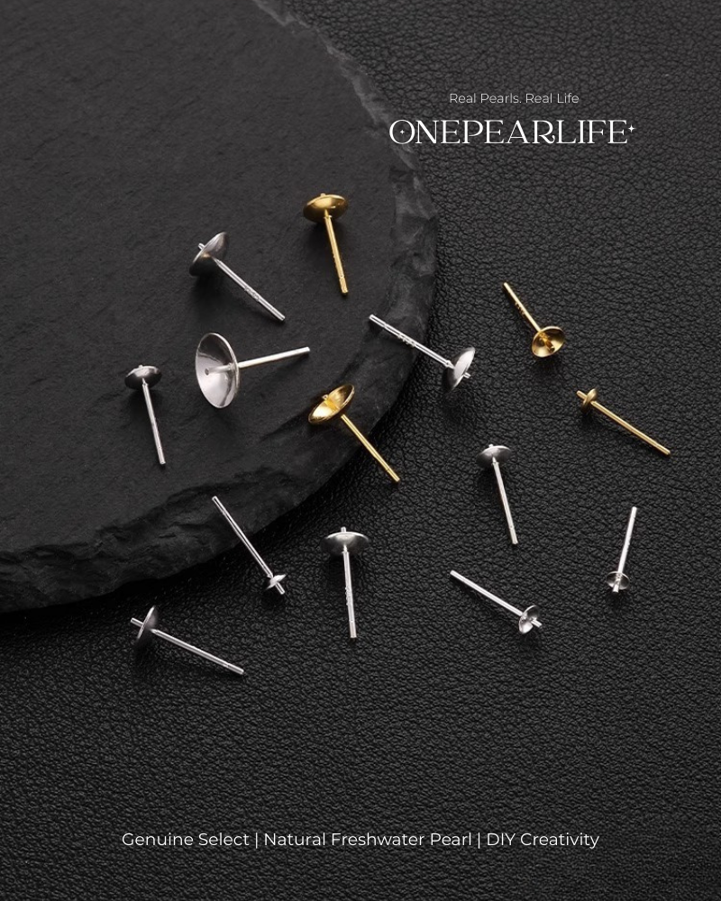 925 Silver & 18K Gold Vermeil Pearl Earring Base | DIY Basic Earring Setting for Custom Jewelry (Per Pair)