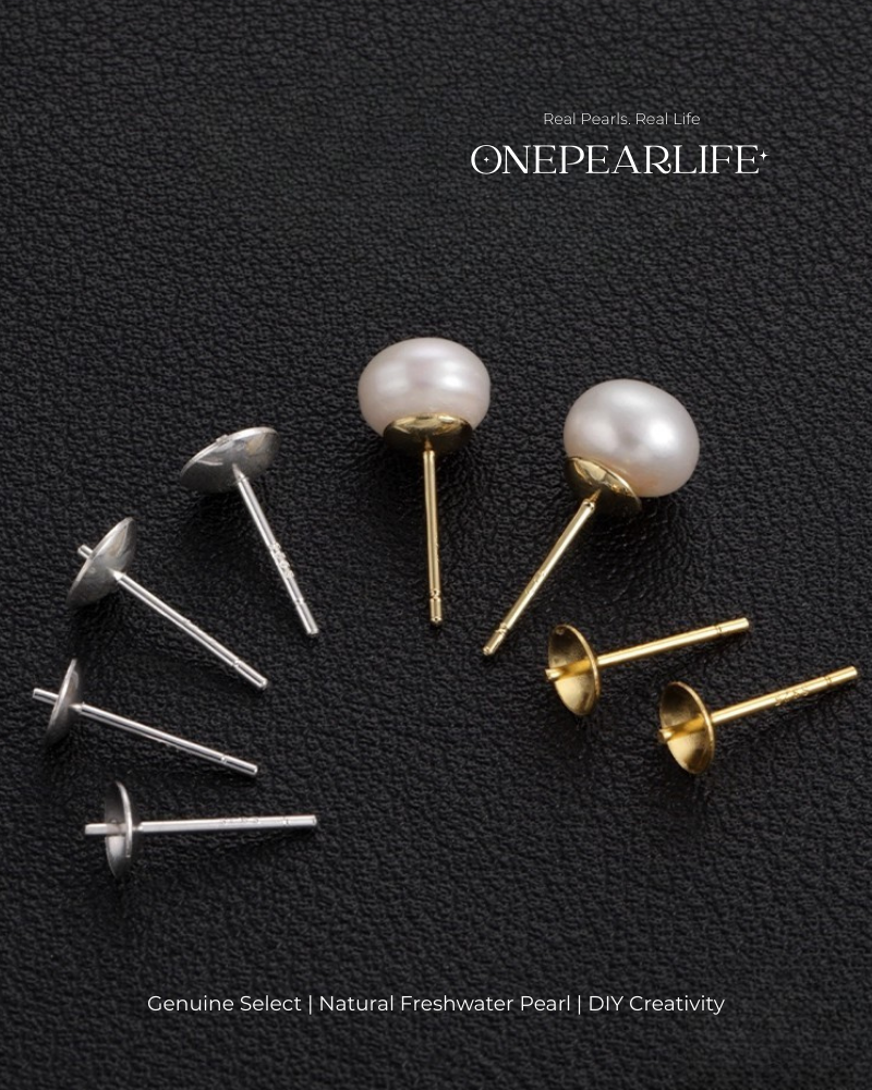 925 Silver & 18K Gold Vermeil Pearl Earring Base | DIY Basic Earring Setting for Custom Jewelry (Per Pair)