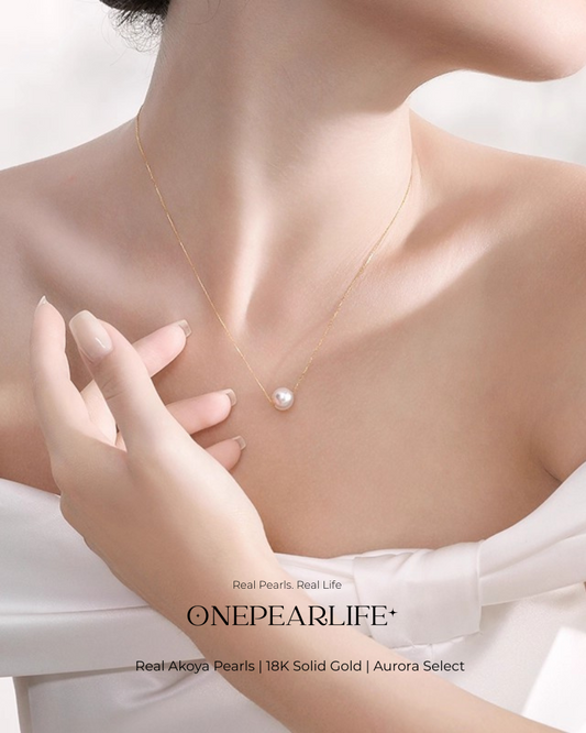 Hikaru – Natural Akoya White Pearl Pendant Necklace | 18K Gold (White or Yellow) | 8–8.5mm Onepearlife