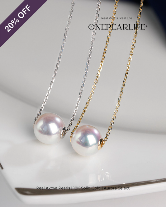 Hikaru – Natural Akoya White Pearl Pendant Necklace | 18K Gold (White or Yellow) | 8–8.5mm Onepearlife