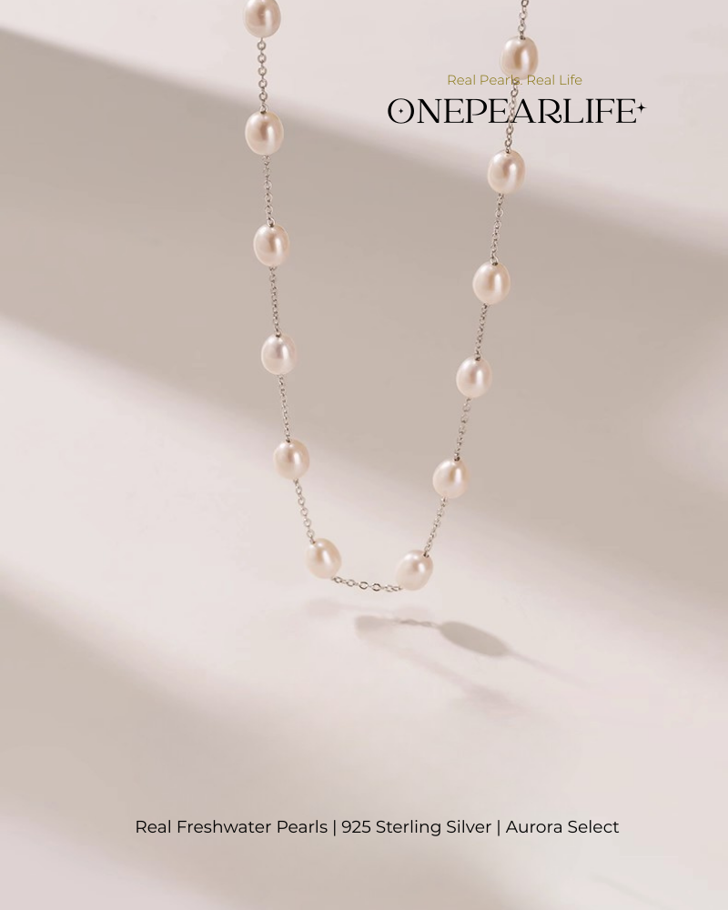 Aria – AAA Quality Natural Rice-Shaped Freshwater Pearl Station Necklace | 6–7mm | 925 Sterling Silver