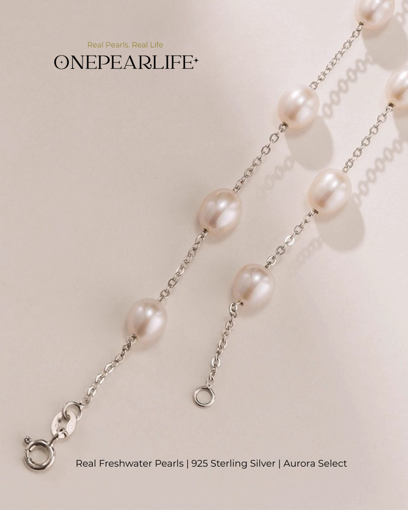 Aria – AAA Quality Natural Rice-Shaped Freshwater Pearl Station Necklace | 6–7mm | 925 Sterling Silver