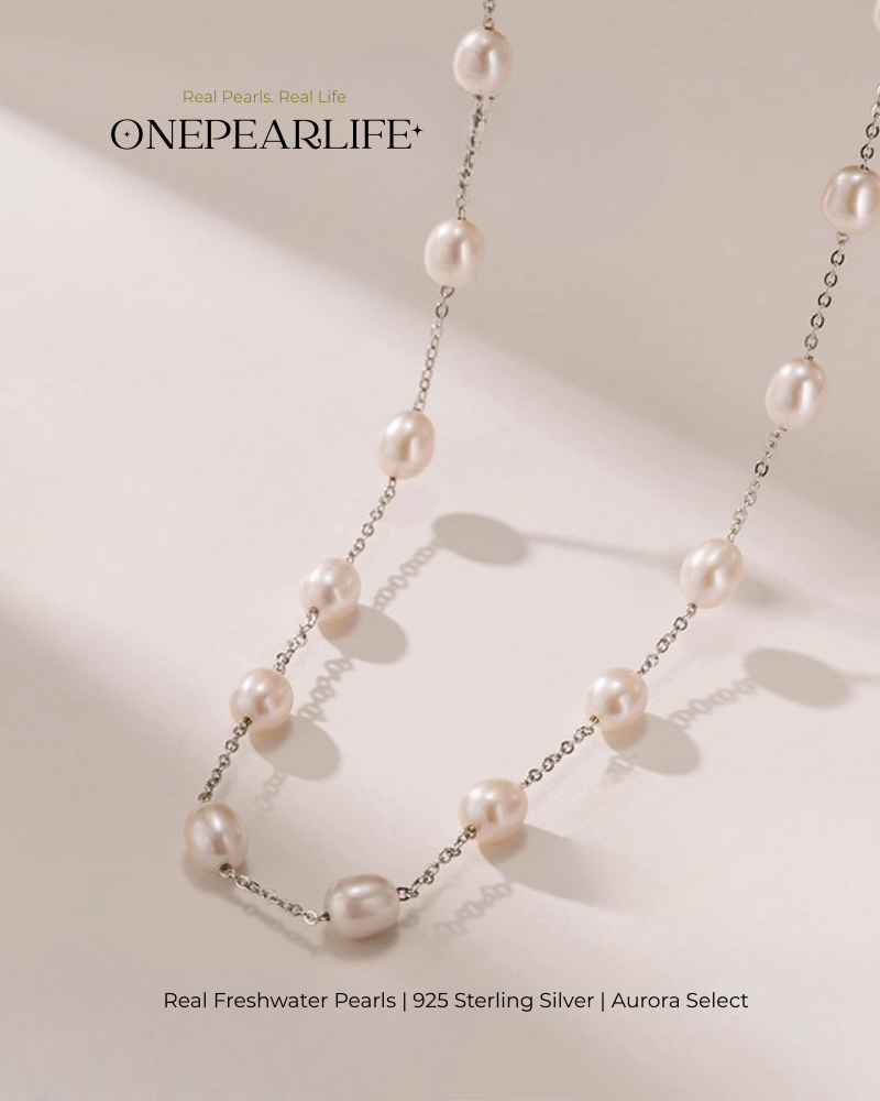 Aria – AAA Quality Natural Rice-Shaped Freshwater Pearl Station Necklace | 6–7mm | 925 Sterling Silver