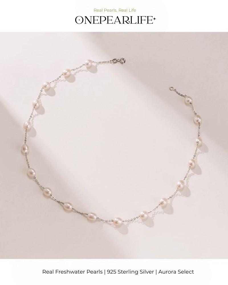Aria – AAA Quality Natural Rice-Shaped Freshwater Pearl Station Necklace | 6–7mm | 925 Sterling Silver