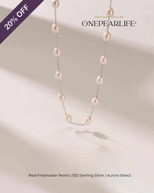 Aria – AAA Quality Natural Rice-Shaped Freshwater Pearl Station Necklace | 6–7mm | 925 Sterling Silver Onepearlife