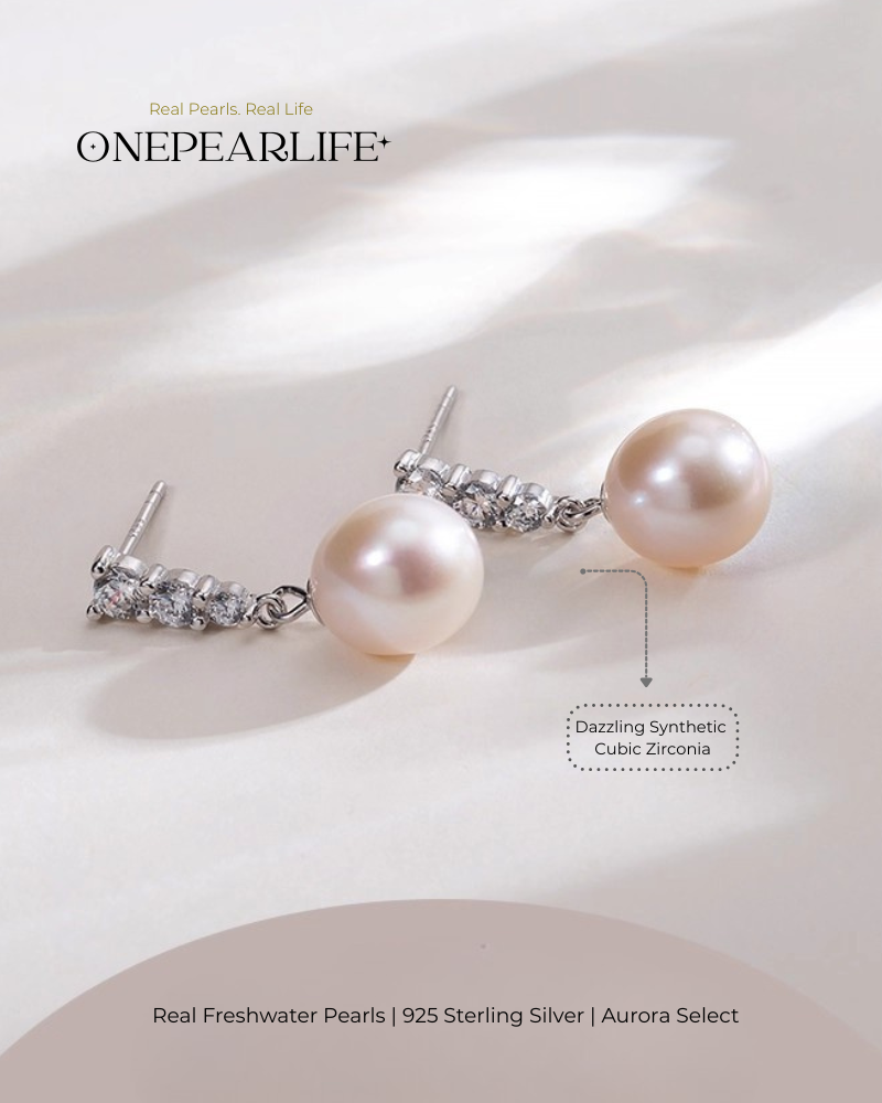 Lira – AAA Quality Natural Freshwater Oval Pearl Drop Earrings | 8–8.5mm | 925 Sterling Silver & Synthetic Cubic Zirconia