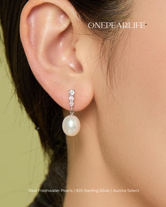 Lira – AAA Quality Natural Freshwater Oval Pearl Drop Earrings | 8–8.5mm | 925 Sterling Silver & Synthetic Cubic Zirconia Onepearlife