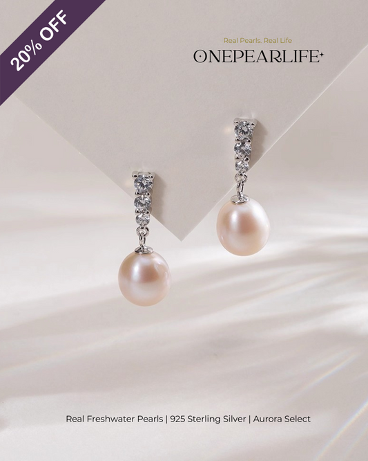 Lira – AAA Quality Natural Freshwater Oval Pearl Drop Earrings | 8–8.5mm | 925 Sterling Silver & Synthetic Cubic Zirconia Onepearlife