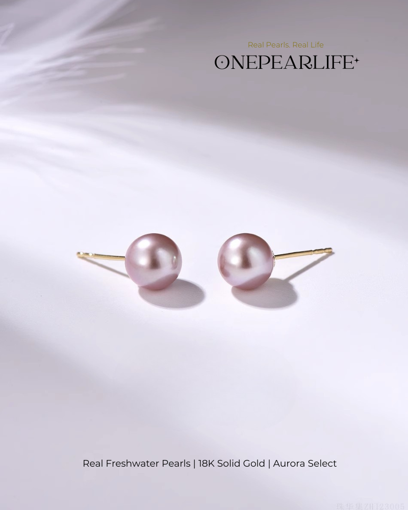 Lyra – AAA Quality Natural Freshwater Purple Pearl Stud Earrings | 7–7.5mm | 18K Gold