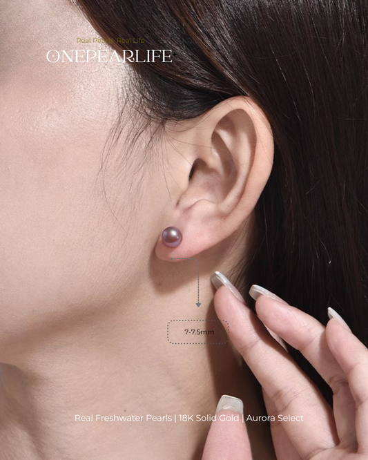 Lyra – AAA Quality Natural Freshwater Purple Pearl Stud Earrings | 7–7.5mm | 18K Gold Onepearlife