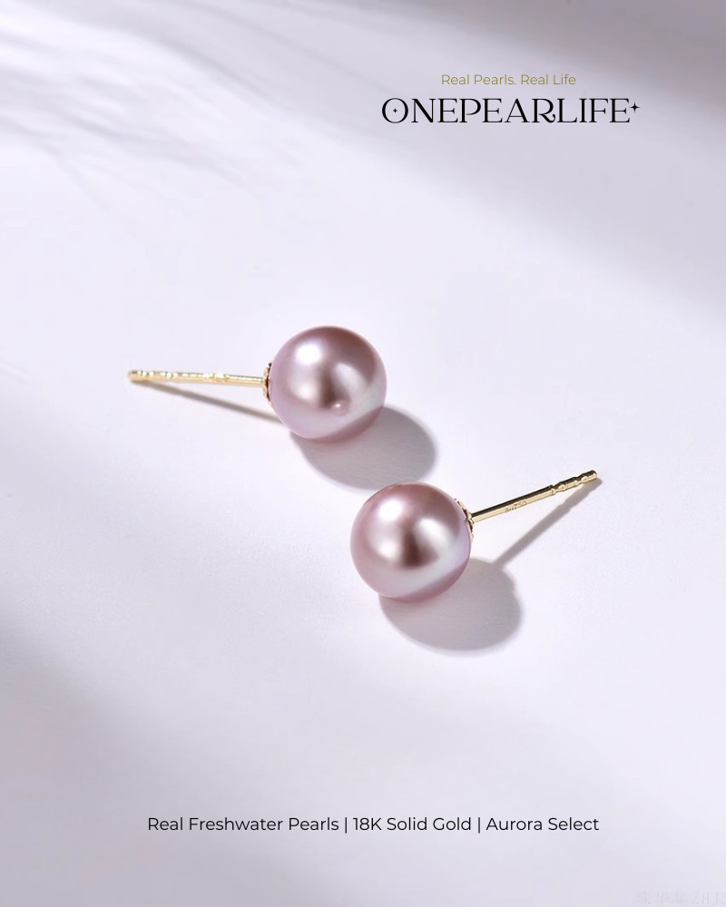 Lyra – AAA Quality Natural Freshwater Purple Pearl Stud Earrings | 7–7.5mm | 18K Gold
