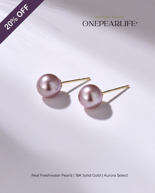Lyra – AAA Quality Natural Freshwater Purple Pearl Stud Earrings | 7–7.5mm | 18K Gold Onepearlife