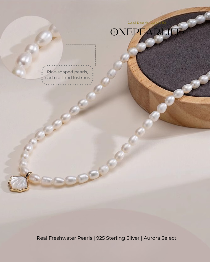 Marina – AAA Quality Rice-Shaped Aurora Natural Freshwater Pearl Shell Pendant Necklace | 4–4.5mm | 925 Sterling Silver