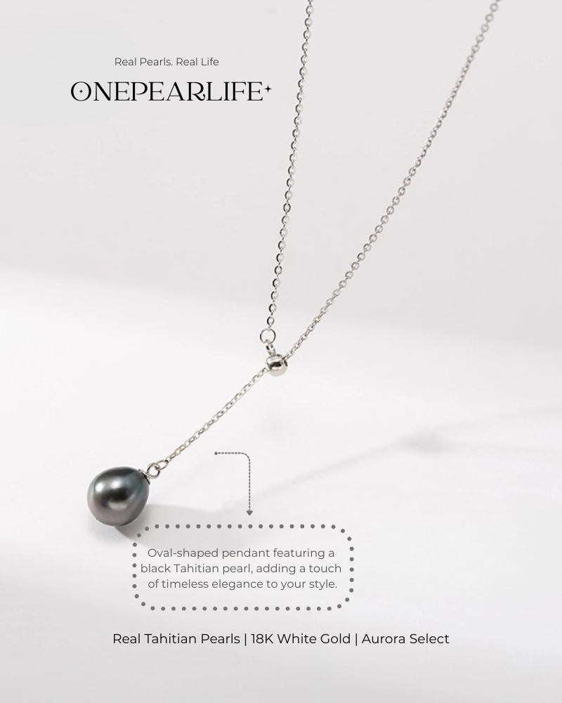Noctis – AAA+ Quality Natural Oval Tahitian Black Pearl Teardrop Pendant Necklace | 18K White Gold | 8-9mm