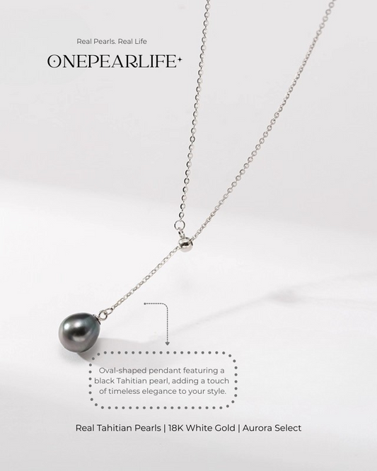 Noctis – AAA+ Quality Natural Oval Tahitian Black Pearl Teardrop Pendant Necklace | 18K White Gold | 8-9mm Onepearlife