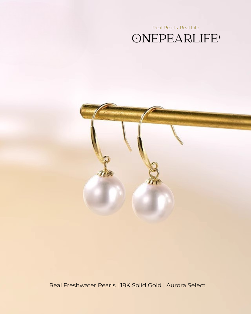 Nora – AAA Quality Natural Freshwater White Pearl Hook Earrings | 7–7.5mm | 18K Gold