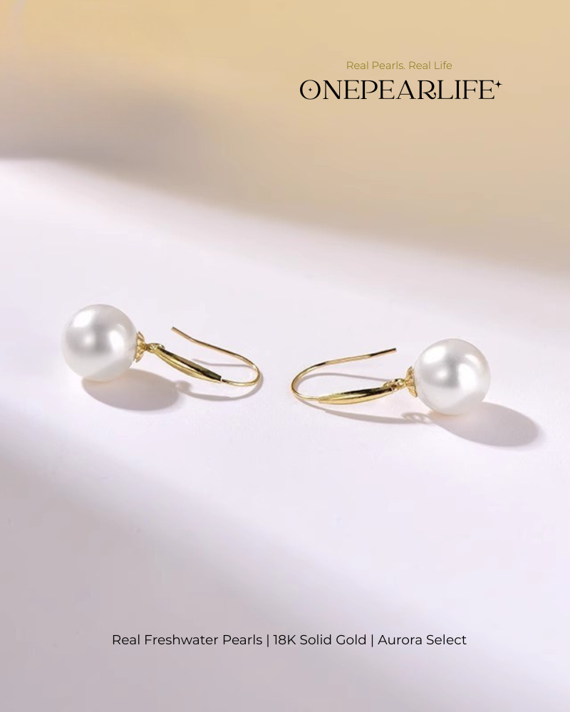 Nora – AAA Quality Natural Freshwater White Pearl Hook Earrings | 7–7.5mm | 18K Gold