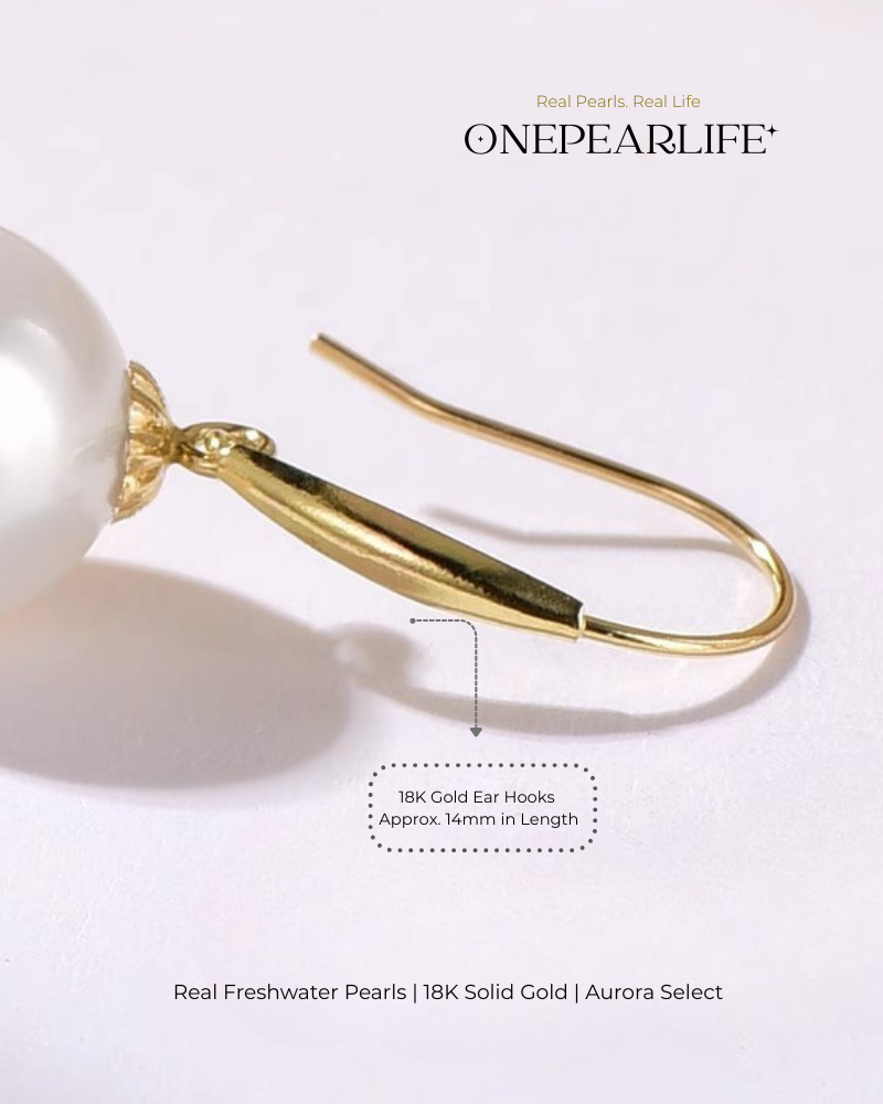 Nora – AAA Quality Natural Freshwater White Pearl Hook Earrings | 7–7.5mm | 18K Gold